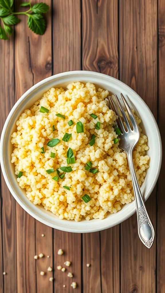 Fluffy butter quinoa garnished with herbs in a bowl on a wooden table.